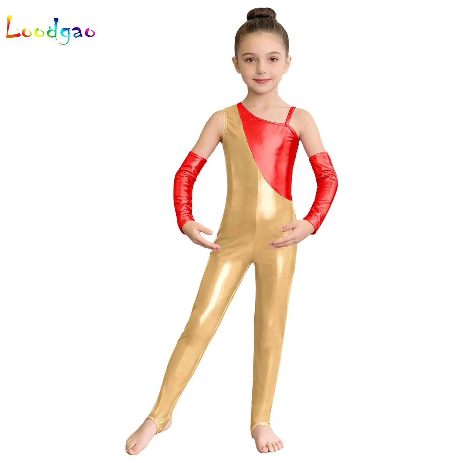 

Kids Girls Rhythmic Gymnastics Leotard Ballet Dance Wear Figure Skating Costume Shiny Metallic Contrast Long Sleeve Jumpsuit
