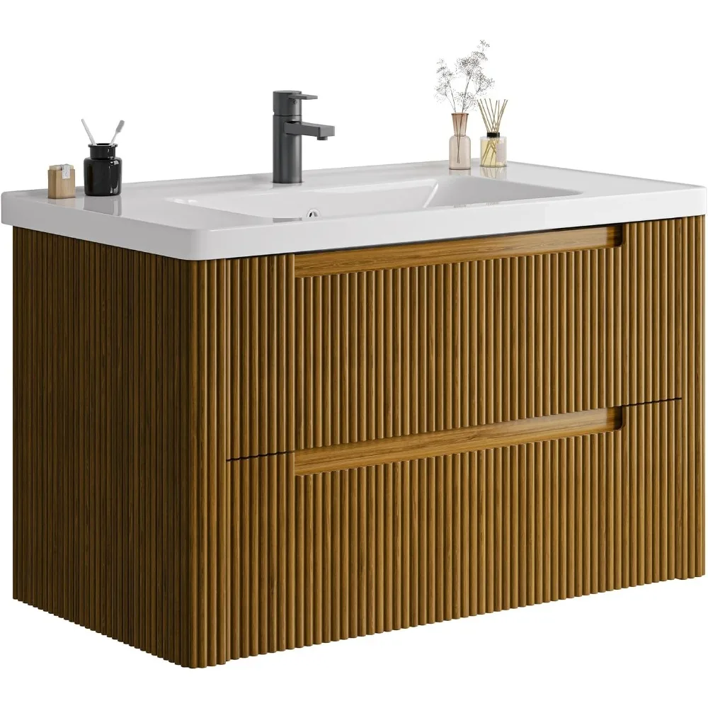 غرور حمام حديث مع مجموعة حوض، حمام عائم منحني مع درجين إغلاقين ناعمين، زينة حمام مثبتة على الحائط #6