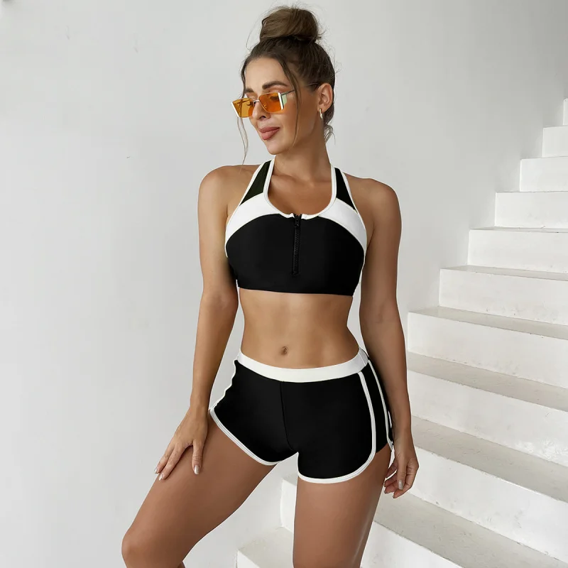 New Year's New Swimsuit Color Block Two-Piece Boxer Swimwear for Women with Front Zipper Sports Style Racing Bikini