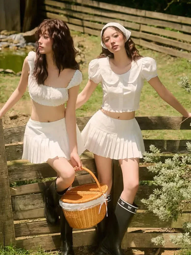 

HH женские юбки, костюм, кружевной кукольный воротник, однобортный короткий топ с французской талией и короткими рукавами + летняя плиссированная юбка с кружевной строчкой