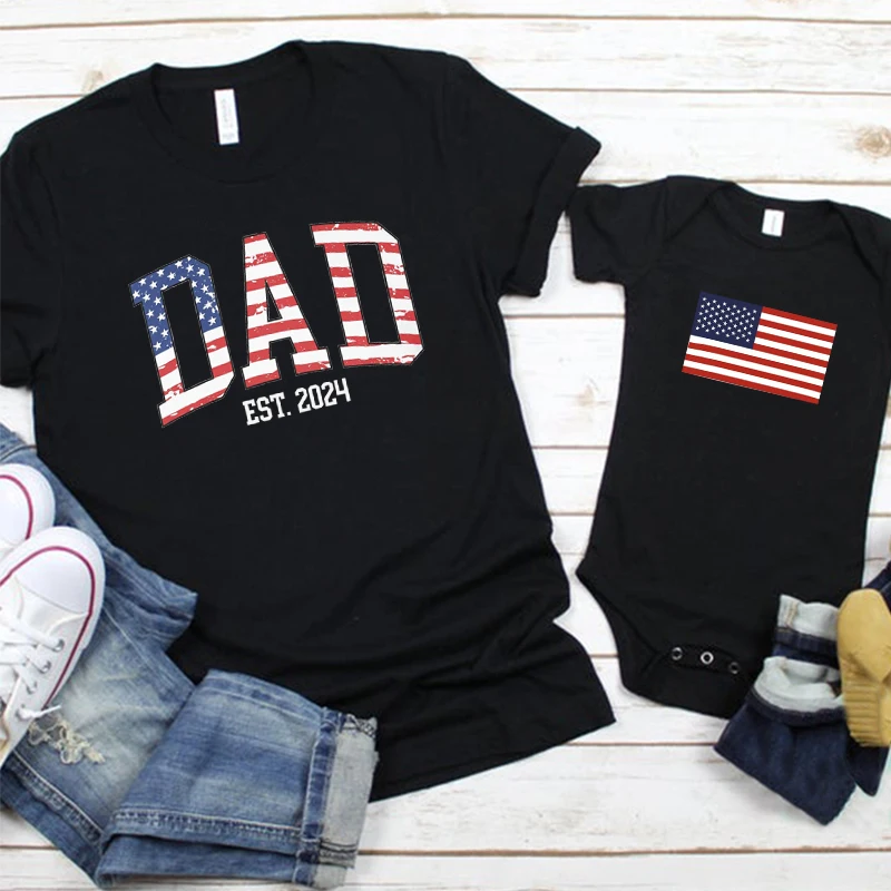 4th of July Shirts Mom Dad Est 2024 Couples Fourth of July Tshirts Gifts for Expecting New Born Baby Items Patriotic Tee