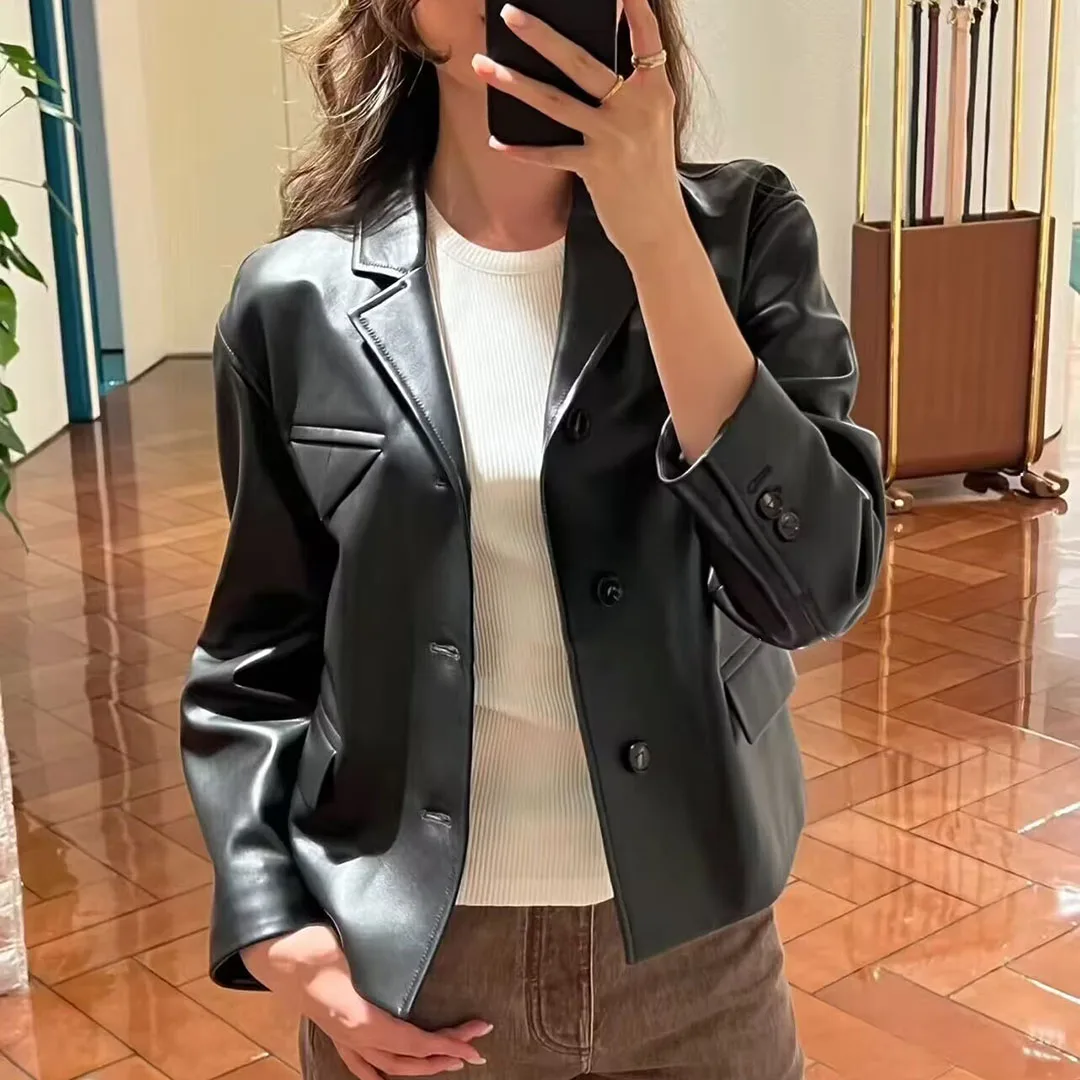 最高品質 100% シープスキン スーツジャケット レディース ノッチドラペル 長袖 3つボタン ブラック クール 本革 ショート レトロコート