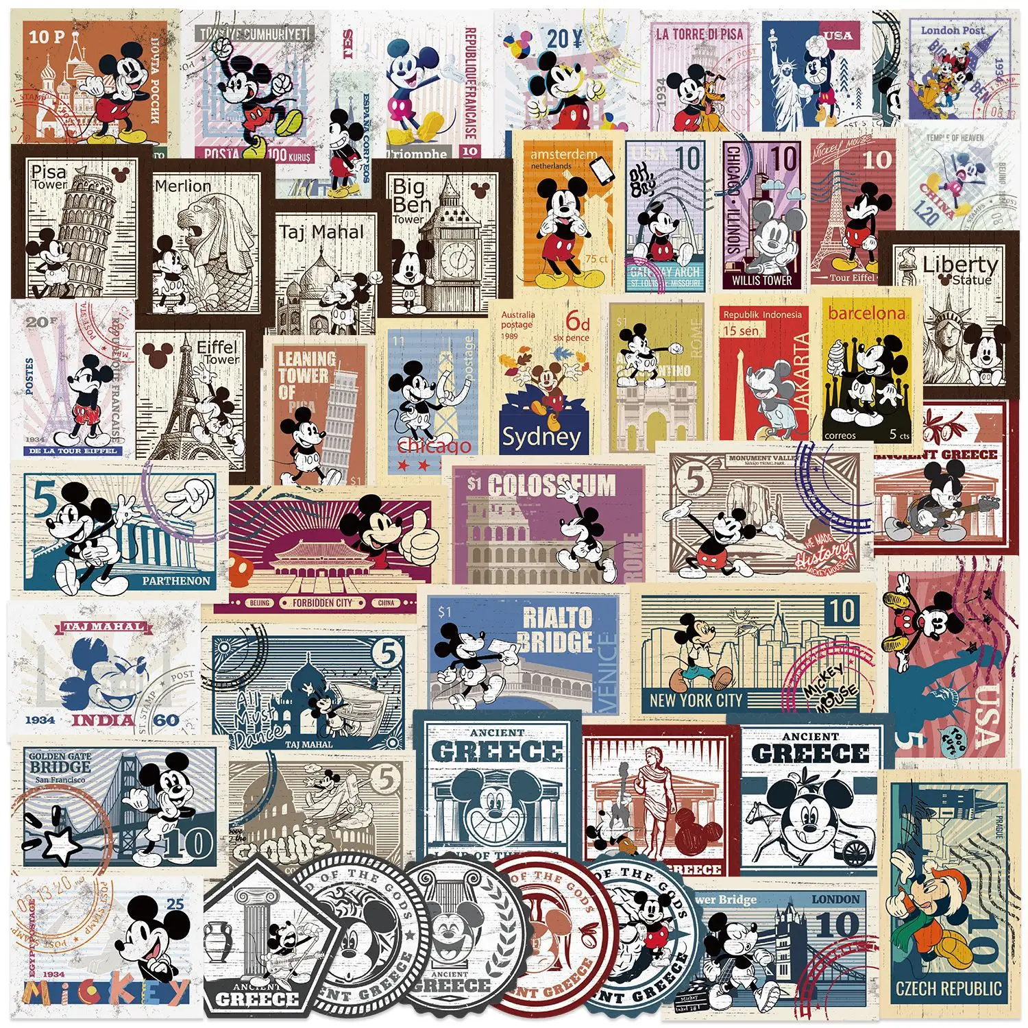 50Pcs Cute Cartoon Retro Mickey Stamp Graffiti Stickers, DIY Decorative Stickers for Phone Case Scrapbook Vintage Custom