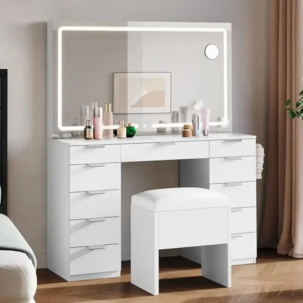 XL LED Mirror Vanity Desk Set with Power Outlets 11-Drawer Dressing Table and Storage Bench Elegant Wood Makeup Station Women's