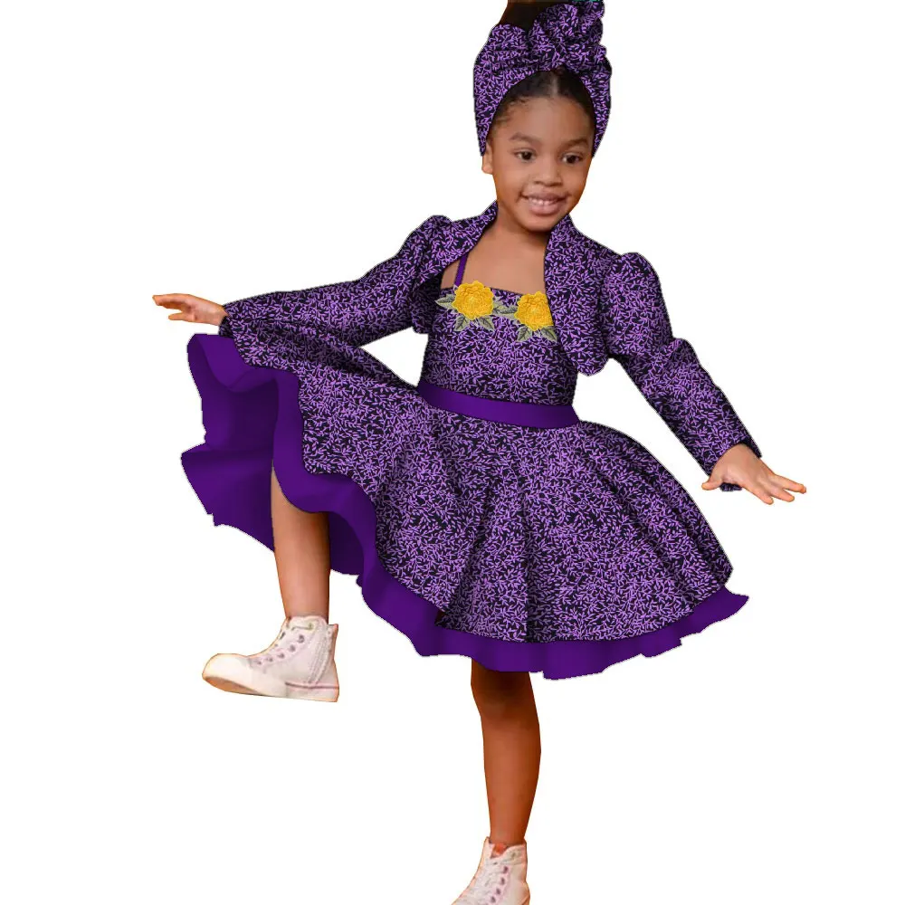 3pcs Set African Kids Gril Dashiki Dress Coat and Headtie Suits Africa Print Party Dresses Children Summer Clothes WYT723
