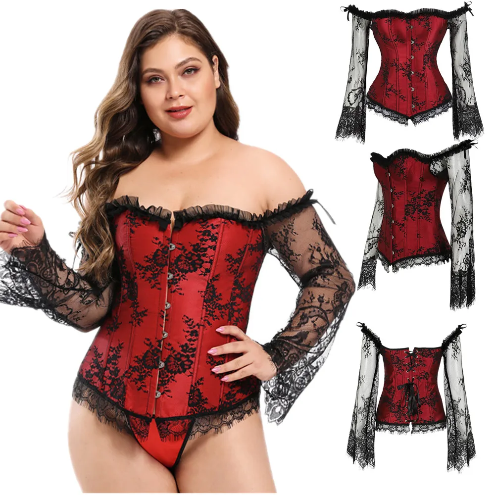 Sexy Gothic Victorian Vintage Lace Up Bustier Corset Retro Palace Renaissance Burlesque Overbust Top With Long Sleeves