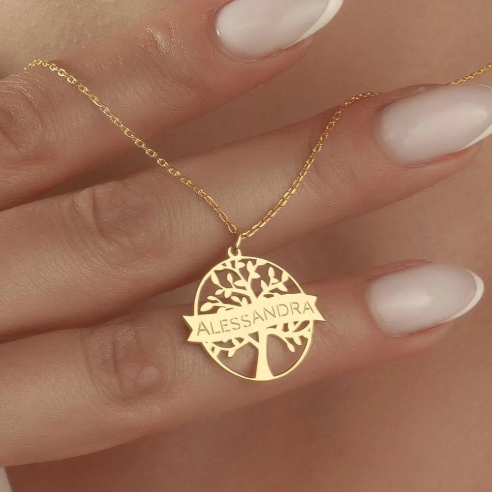 

Personalized Tree of Life Necklace Pendant Stainless Steel Nameplate Jewelry For Women Birthday Gift