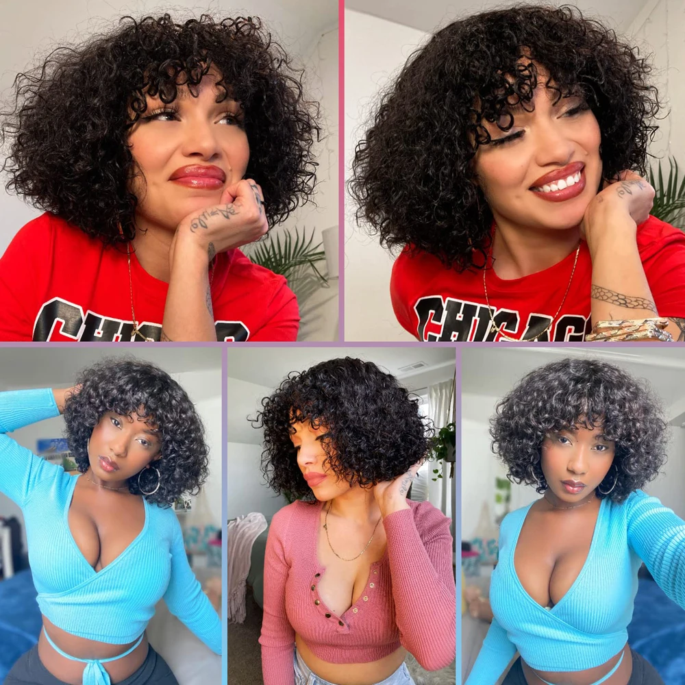 Short Curly Bob Wig With Bangs Natural Black Brazilian Curly Human Hair Wig For Women Machine Made 180% Density image 5
