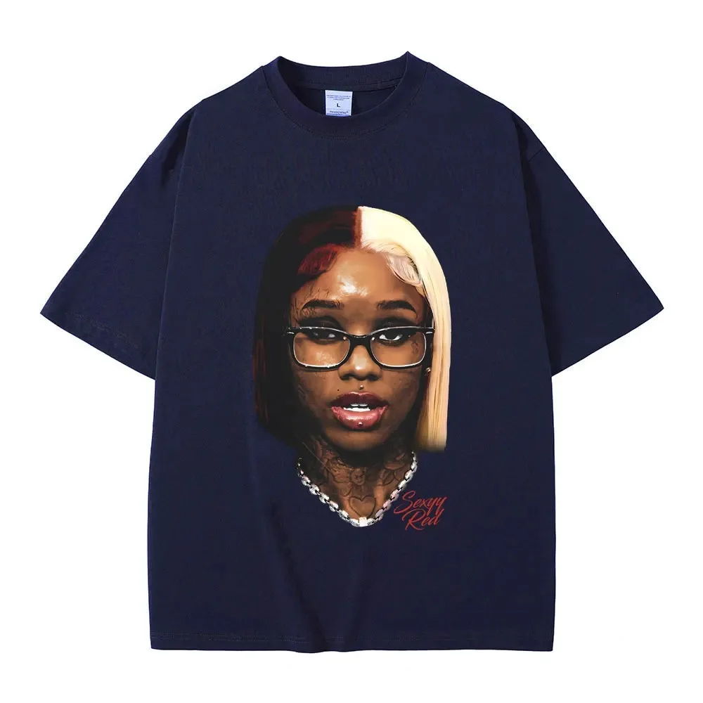 Camiseta de Hip Hop vermelha sexy masculina e feminina, rapper, Nicki Minaj, rosto, estampa gráfica, camiseta casual de grandes dimensões, moda masculina, tendência Streetwear