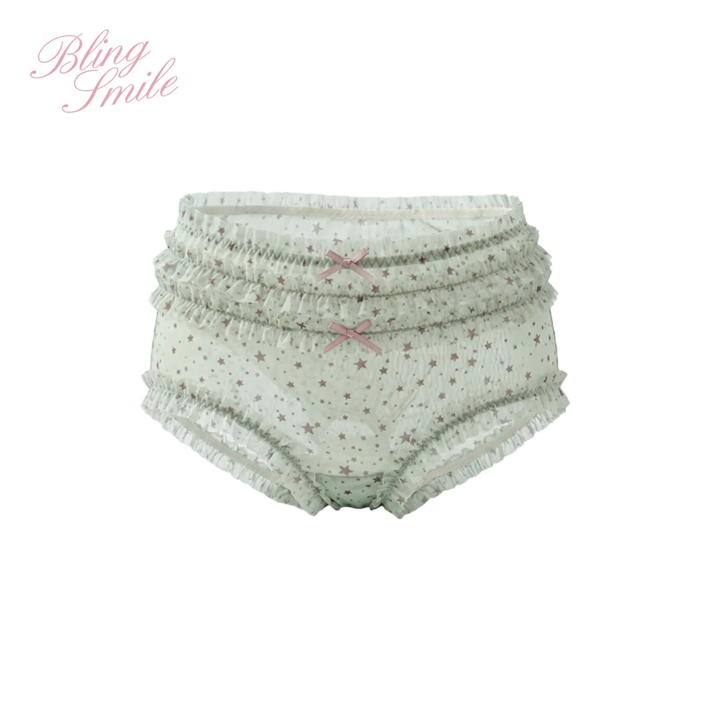 Lolita Style Women Floral Mesh Lace Panties Ruffle Trim Mid‑waist Briefs Sweet Anti‑chafing Ladies Underwear