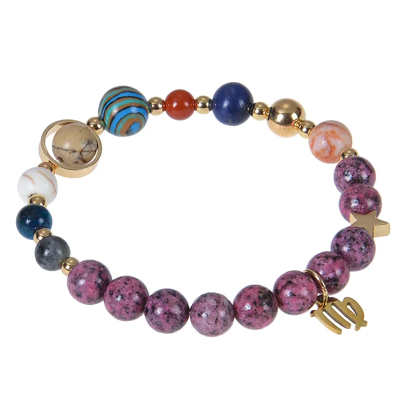 WG 1pc Fashionable Twelve Zodiac Signs Pink Agate Stone Beaded Bracelet Natural Stone Eight Planets Bracelet Jewelry