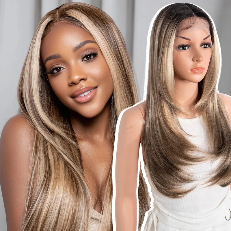 Synthetic Long Layered Glueless Wig Lace Front 24034  Blonde Brown Highlight V157