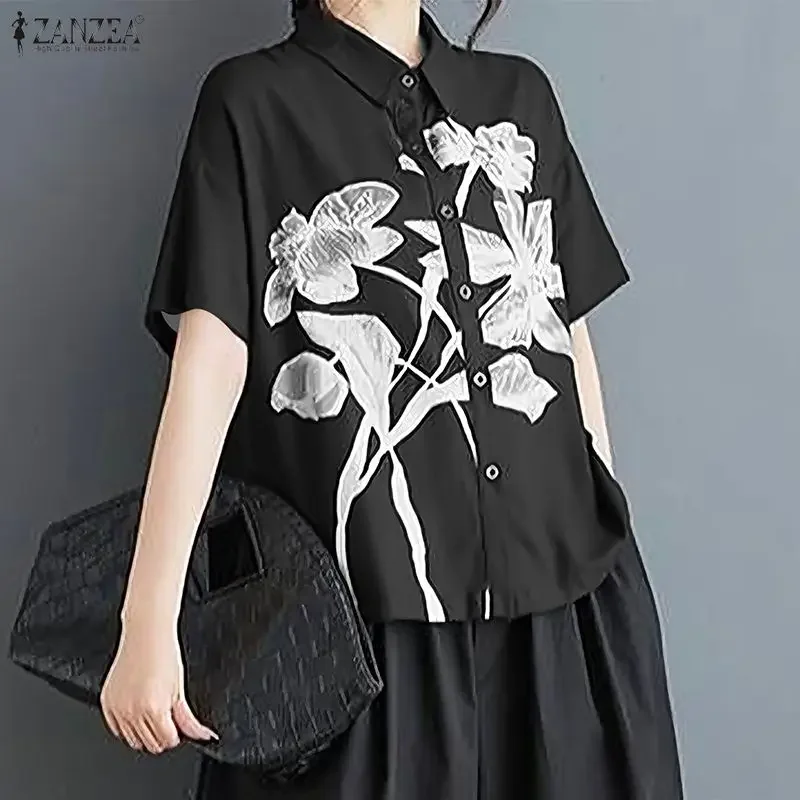 ZANZEA Women Vintage Short Sleeve Summer Shirts Fashion Blouse 2026 Floral Print Casual Tops Loose Office Street Female Blusas view 3