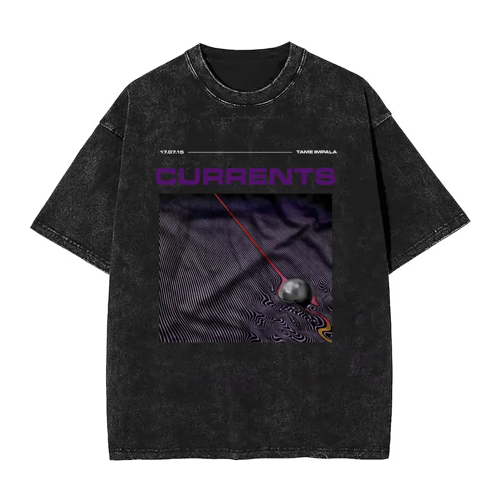 Vintage Washed Pop Rock Band Tame Impala Currents Grafikdruck T-Shirts Männer Frauen Casual Baumwolle Übergroßes Kurzarm-T-Shirt – Detail 29