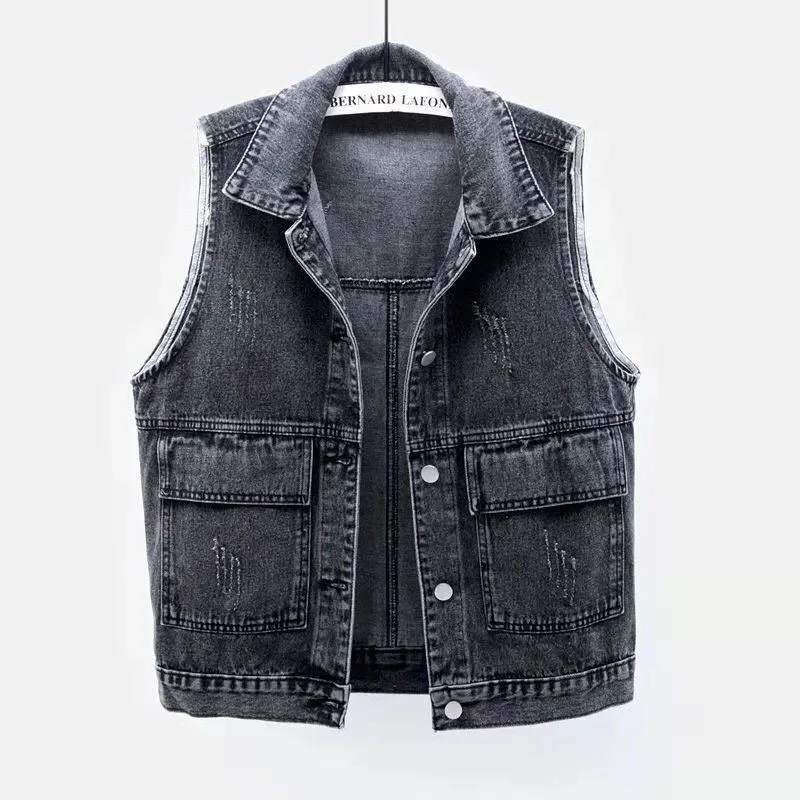 Versatile Big Pocket Short Denim Jacket Women's Spring Autumn Sleeveless Cardigan Waistcoat Loose Vest Sleeveless Top Female