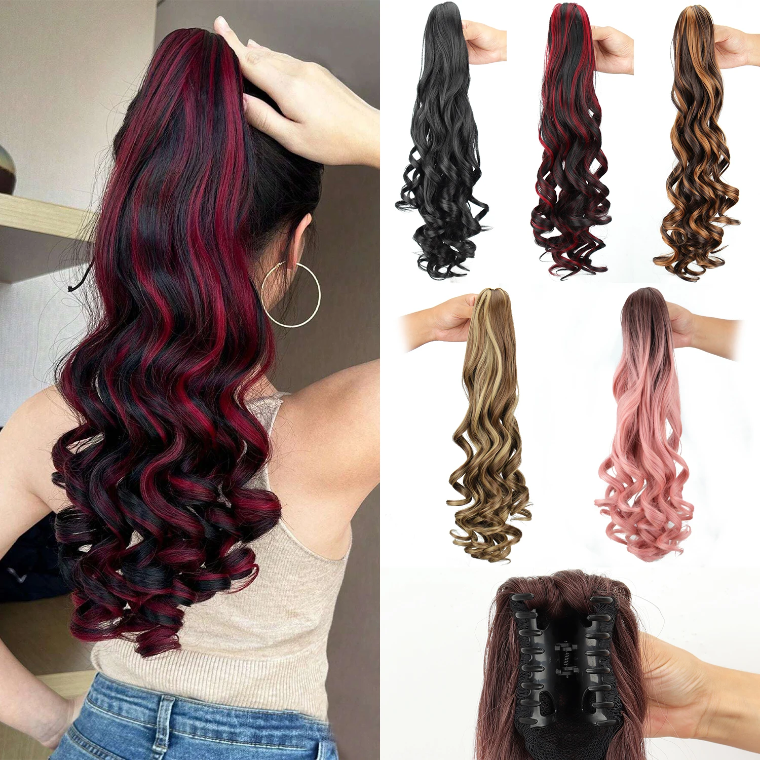 

Synthetic Claw Clip Ponytail Extensions 22 Inch Long Natural Wave Heat Resistant Ponytail Hairpiece for Women Daily Party Use