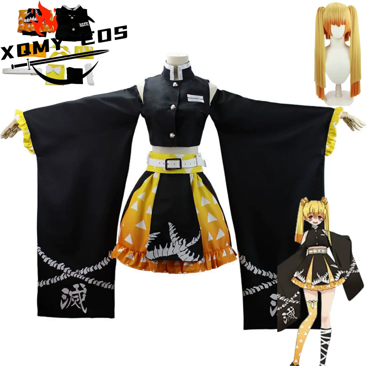 

XQAnime Agatsuma Zenitsu Cosplay Costume Sexy Off Shoulder Black Dress Lolita Skirt Wig Man Woman Kawaii Halloween Party Suit