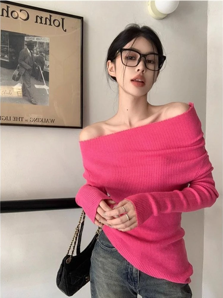 

Autumn and Winter Fashion New Women's One Shoulder Korean High End Sweater Casual Warm Long Sleeved Underwear Top Jumper