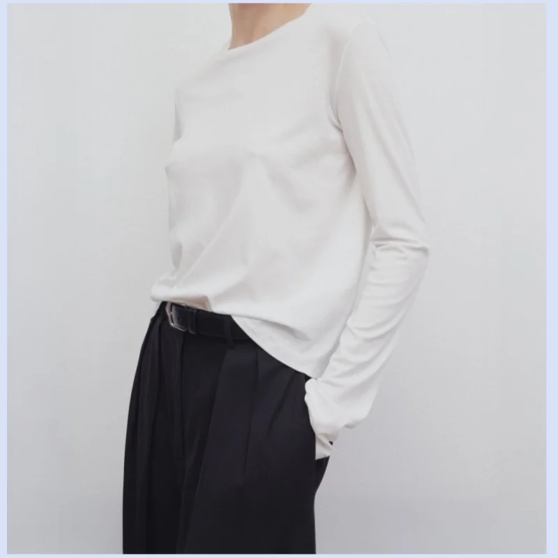 Cotton round neck long sleeved women's autumn and winter new style simple basic base shirt loose T-shirt top