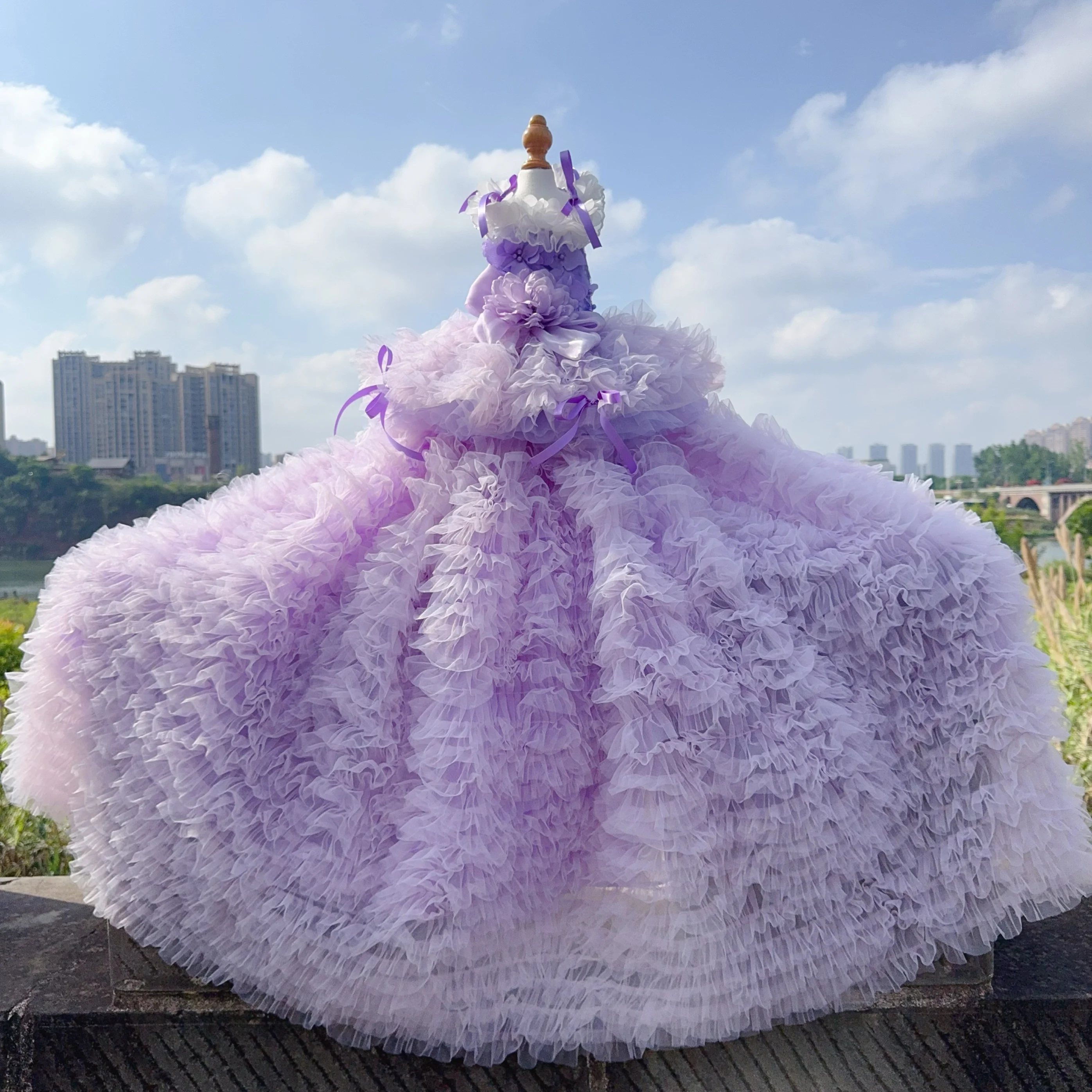 

Fine Handmade Pet Dog Clothes Fashion Luxury Lace Flower Long Tail Cake Dresses For Small Medium Dog Wine Red Purple Puppy Dress
