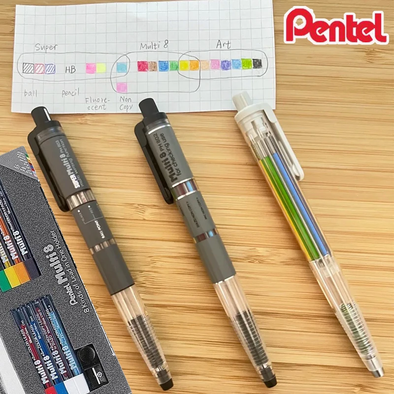 Lápis Automático Multifuncional Pentel Multi8 com Pontas Coloridas de 2.0mm e Caneta Esferográfica de 0.7mm, Design Durável, Recarregável e Ecológico