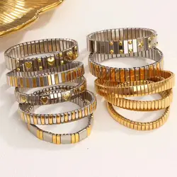 PAPERPLUS | Women Stainless Steel Bracelets 2024.Heart Pendant.Elastic.Gold Plated Charm Jewelry.Punk. Hip Hop.Best Sister Gift