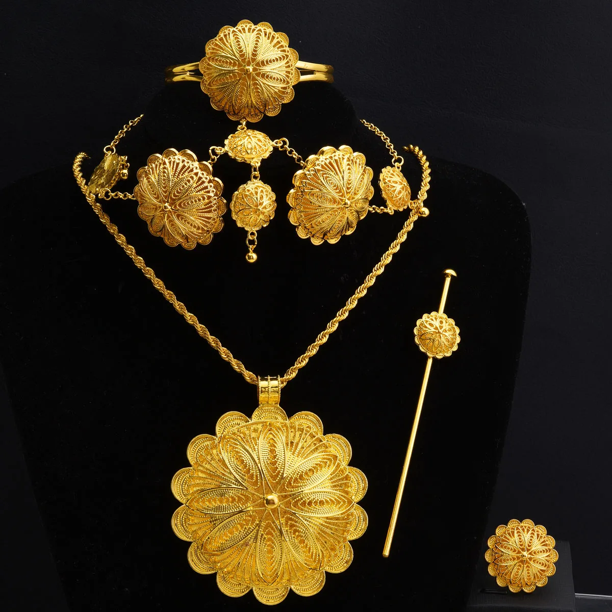 Ethiopian Jewelry set Pendant Earrings Ring Hairpin Head Chain Bangle 6-Piece Sets African Eritrean Wedding Engagement Gift #120