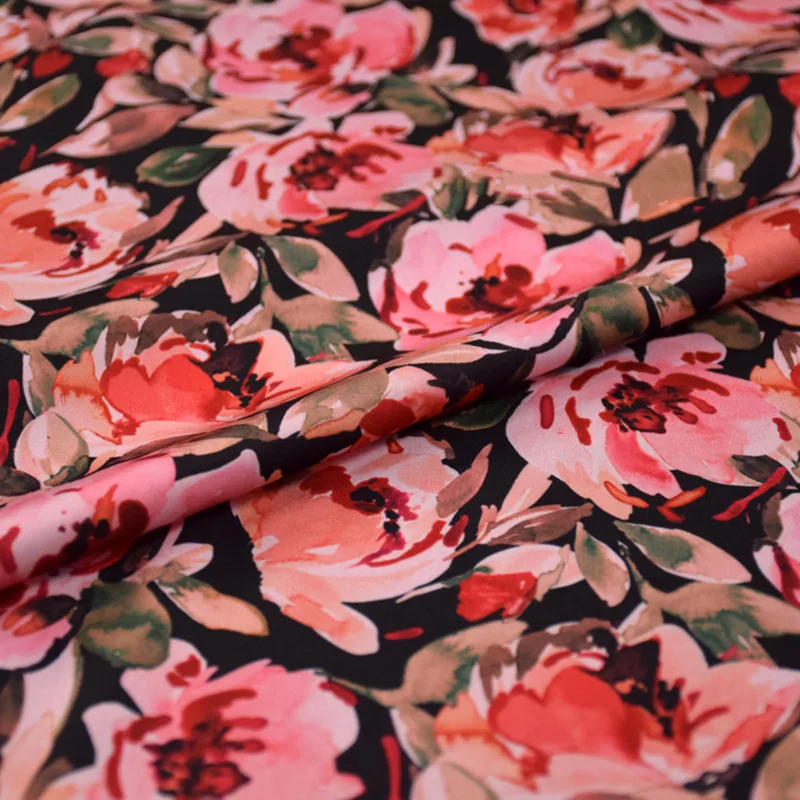 Silk Fabric for Dress and Cheongsam, Black Bottom, Big Red Flower Print, High Grade, Pajamas Material, T1843