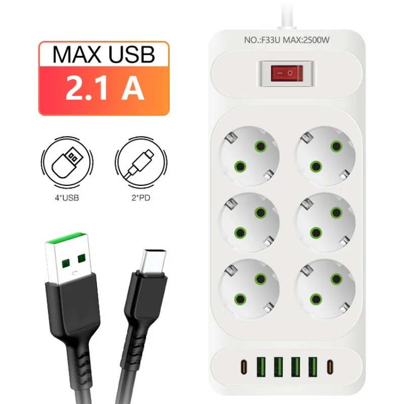 EU Plug Power Strip 2m Extension Cord 6 Outlet with 4 USB Ports 2 Type-C Fast Charge Multiprise Network Filter Electrical Socket