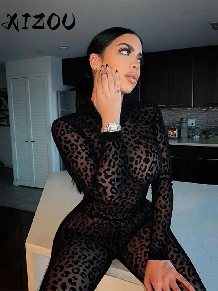 

XIZOU Animal Instinct сетчатый чулок для тела с леопардовым принтом, прозрачный велюровый комбинезон с длинными рукавами, женский комбинезон, сексуальная полуночная клубная одежда