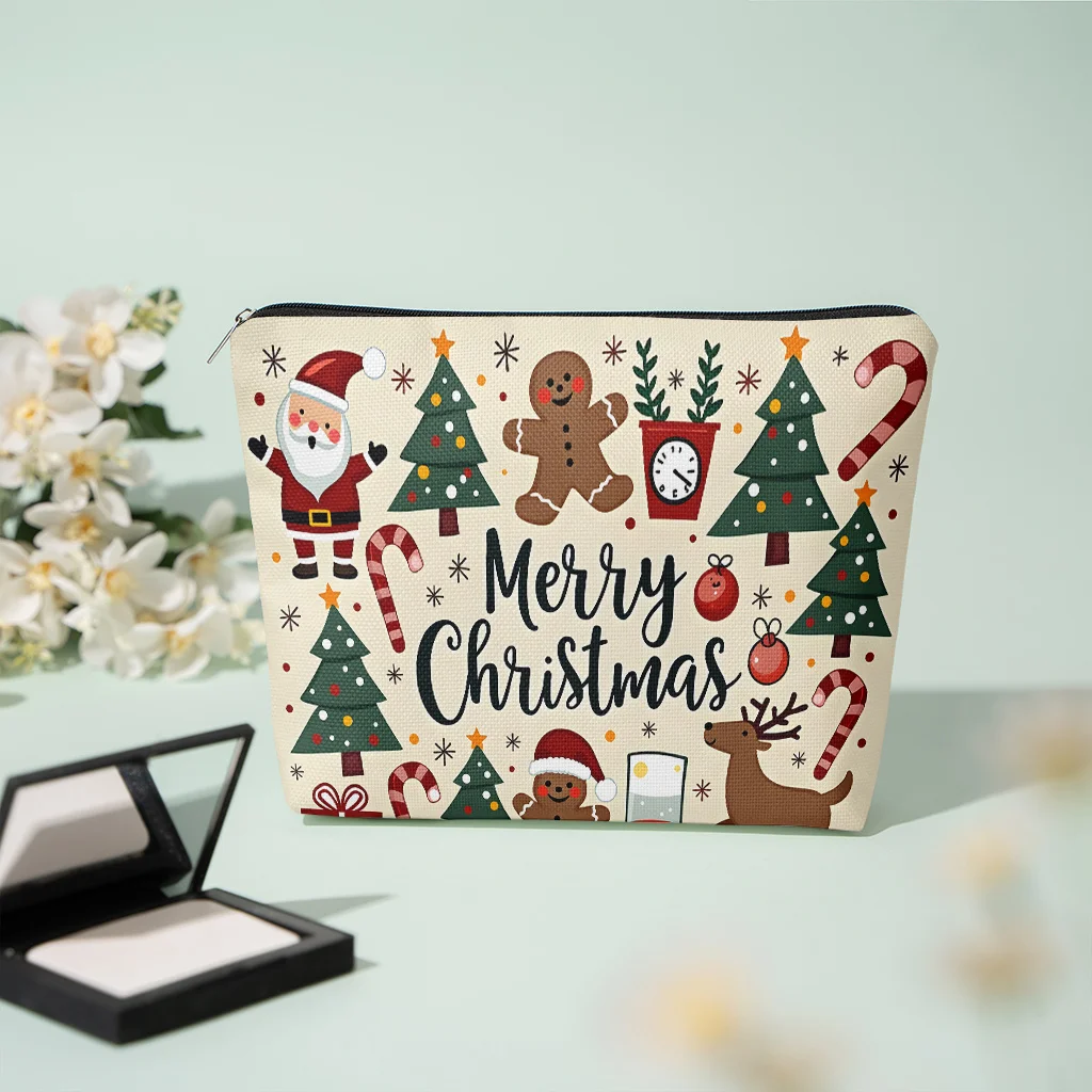 Double-sided Printed Cosmetic Pouch Featuring A Lively and Festive Christmas Cartoon Theme Santa Claus Makeup Case