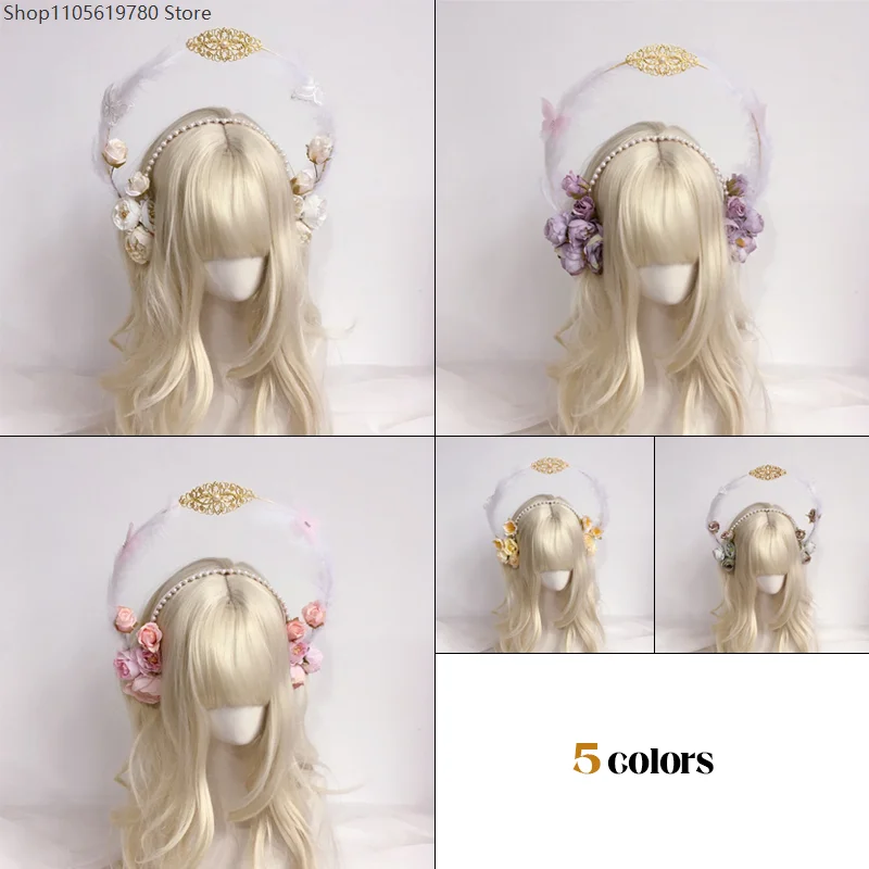 Delicate Flower Halo Tiara Angel Feather Headband Goddess Queen Princess Lolita Cosplay Daily Party Stage Decor Head Accessories