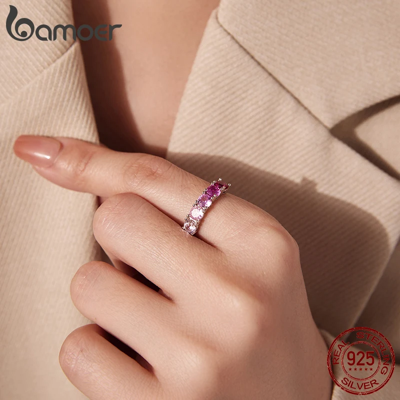 BAMOER 925 Sterling Silver Transparent Gradient Pink Ring Sea Blue Half Eternity Paved CZ Ring for Women Sweet Birthday Gift