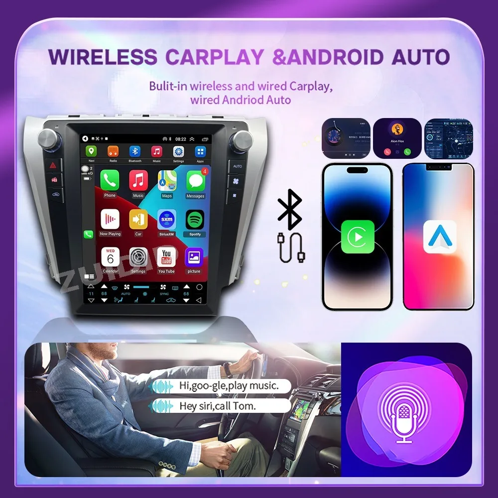 Wireless CarPlay For Toyota Camry 2012-2017 Car Radio Multimedia Android14 Auto Tesla Screen Player4G GPS Navigation Bluetooth