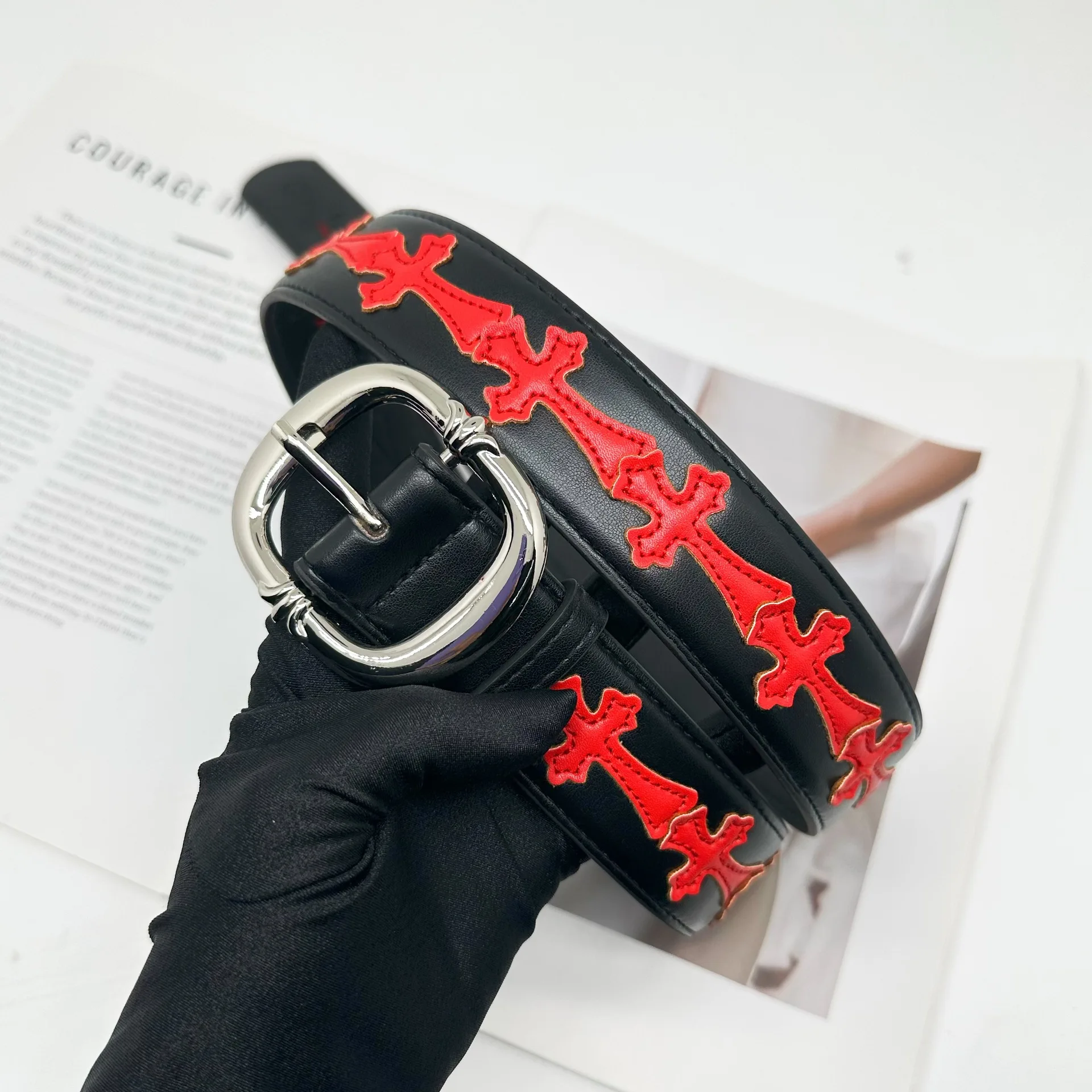 Cro CH Needle Buckle Belt for Men and Women with Hollow Red Patchwork Cross Vine Belt Star Style Retro Classic