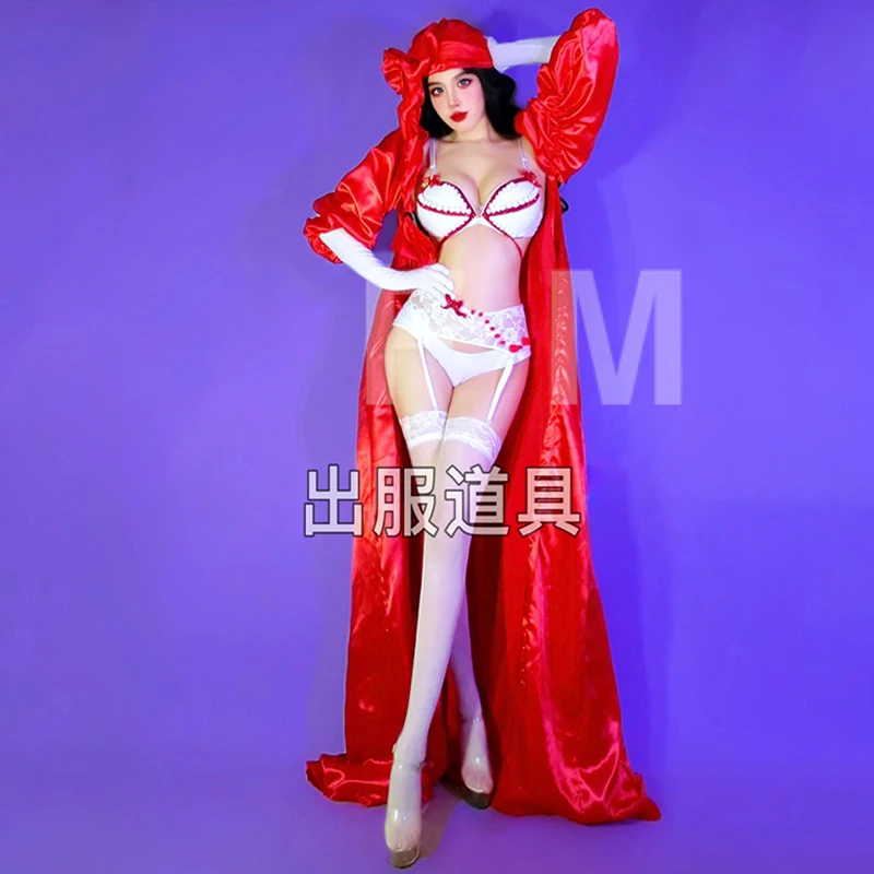 ドラッグクイーン衣装ゴーゴーダンス衣装ショー赤ロングコート白セクシーなビキニナイトクラブダンススーツフェスティバルステージ衣装 3082