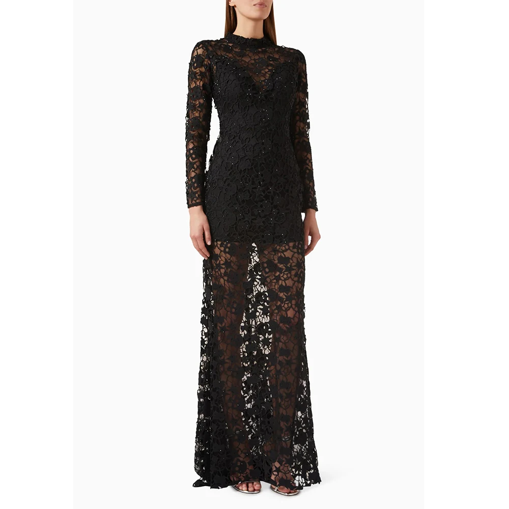 

Dream Black Sexy Simple Evening Dresses Lace for Floor-Length O-Neck Prom Dress Straight Vestidos De Fiesta Customized