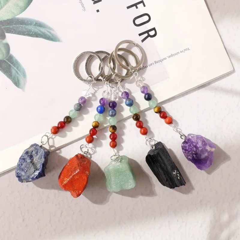 10pcs Reiki Energy Healing 7 Chakra Beads Keychains Key Ring Raw Stone Pendants Handicraft Jewelry Festival Gift
