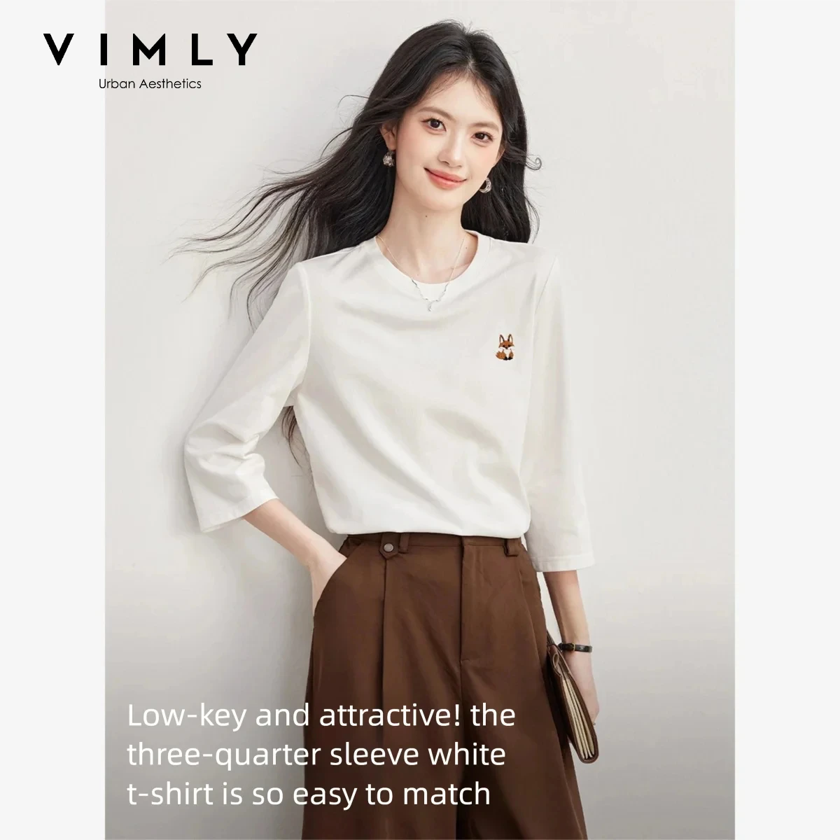 VIMLY White Embroidered T-shirt Cotton 100% Women 2026 Fashion Casual 3/4 Sleeve T-shirts Simple Versatile Crew Neck Top A7238