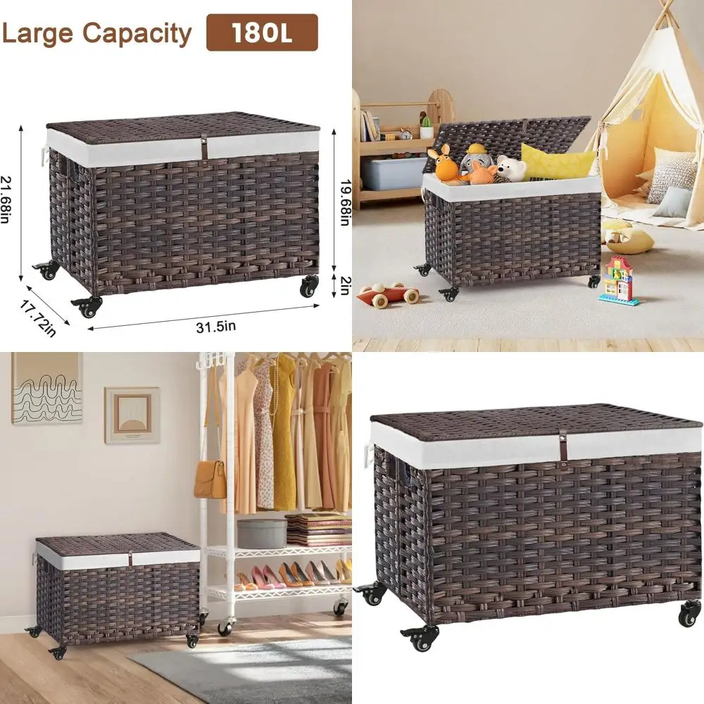 

Large 180L Woven Rattan Storage Basket with Wheels, Foldable, Metal Frame, Removable Liner, Ideal for Bedrooms and Laundry Rooms