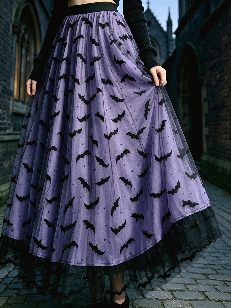 KAROFI Women Gothic FlockingBat Print Tulle Long Skirt Purple High Waist A‑Line Long Skirt Black Lace Hem Halloween Party Skirt