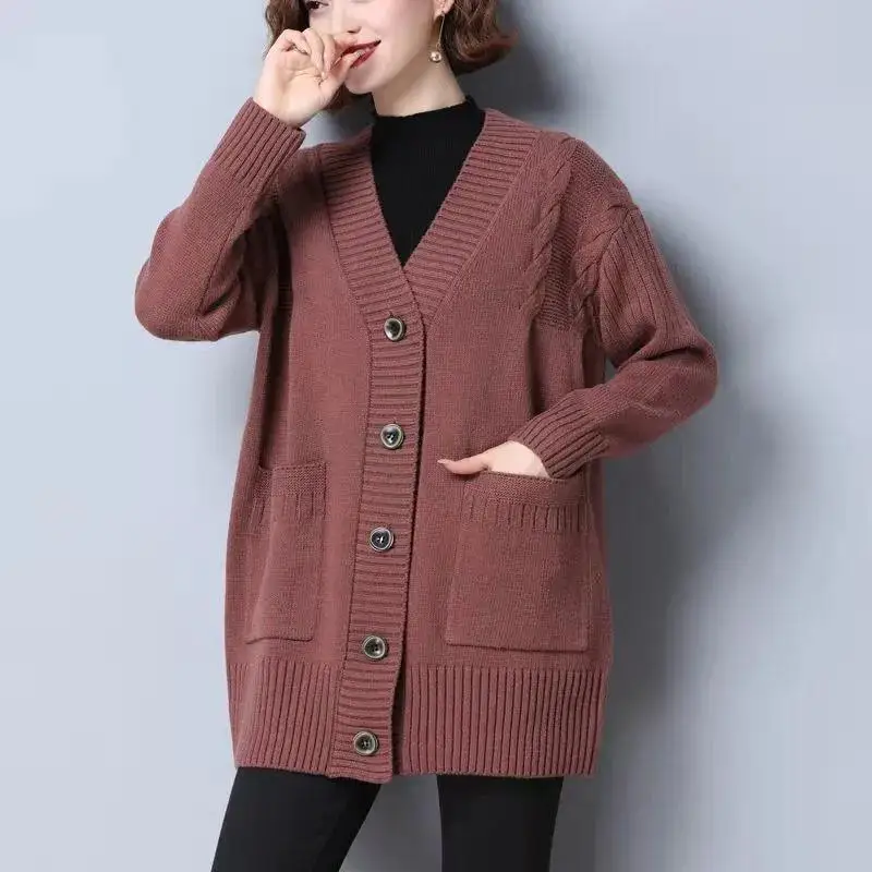 Cardigã de malha extragrande para mulheres, manga longa coreana, suéteres com gola V, malha grossa e elegante, tops para outono e inverno, colete de