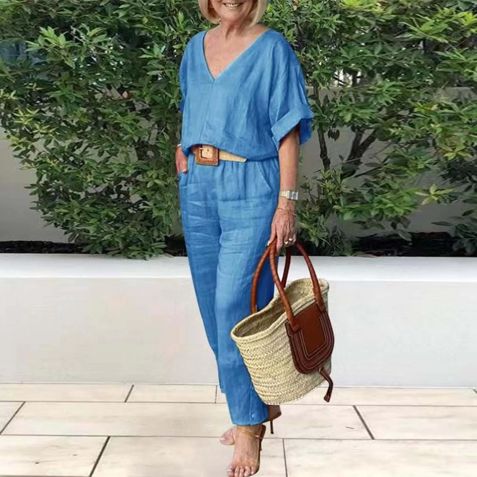 

Women Autumn Casual Linen 2 Piece Pants Set Solid Elegant V Neck Suit Short Sleeve Wide Leg Trouser 2024 New Lazy Style Sets