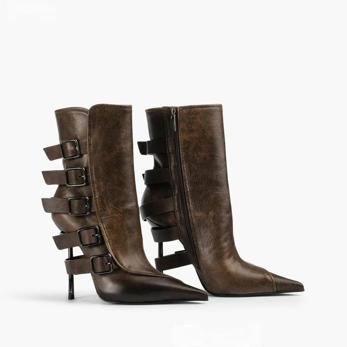 Vintage Brown Black Leather Buckle Strap Fasten Heels Ankle Boots Pointed Toe High Heel Woman Short Boots