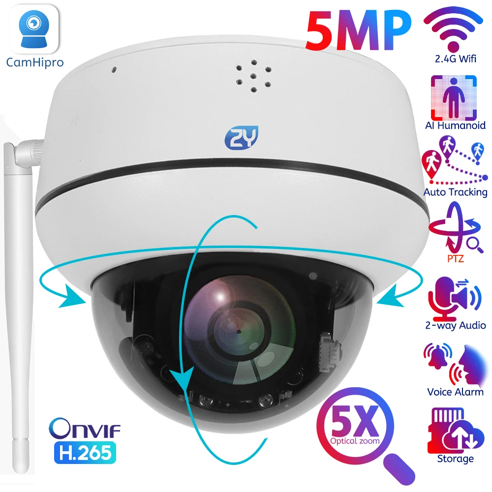 5MP Wifi kopuła kamera PTZ 5X Zoom optyczny kamera IP humanoidalne śledzenie dwukierunkowej rozmowy bezprzewodowej bezpieczeństwo w domu kamery monitorujące