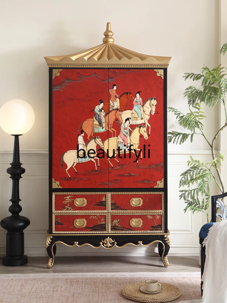 New Chinese hand-painted lady villa solid wood double door high foot display cabinet living room storage decorative cabinet