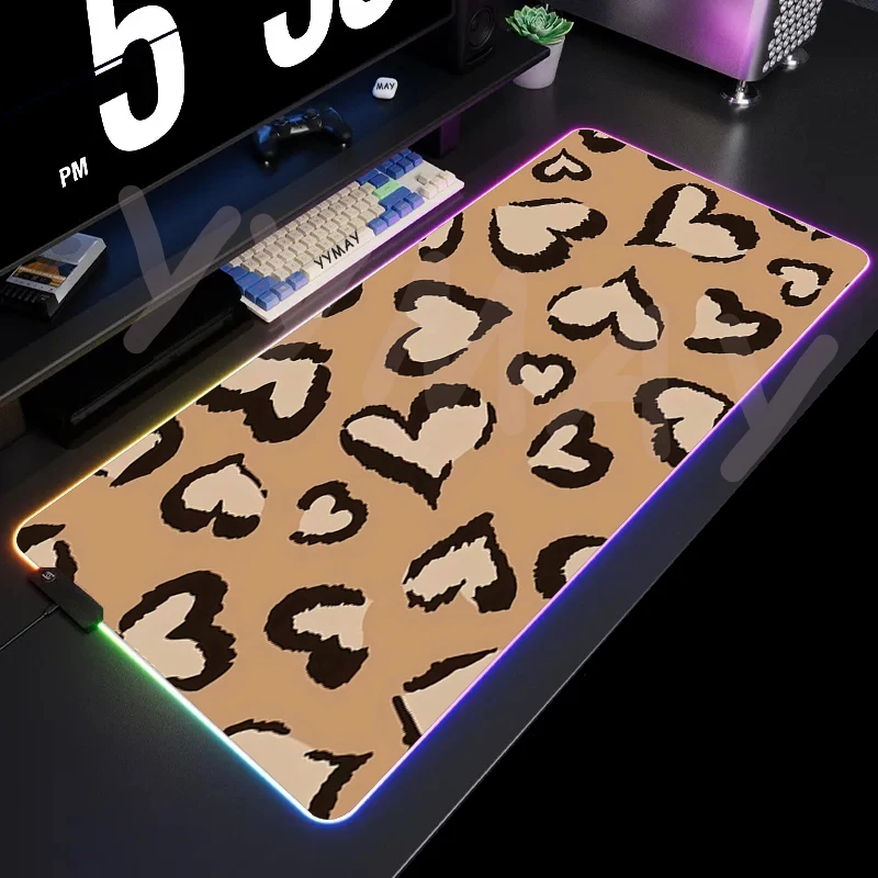 Leopard Print Design Large RGB Mouse Pad Gaming Mousepad LED Mouse Mat Gamer Mousepads Luminou Table Mats Desk Pads With Backlit