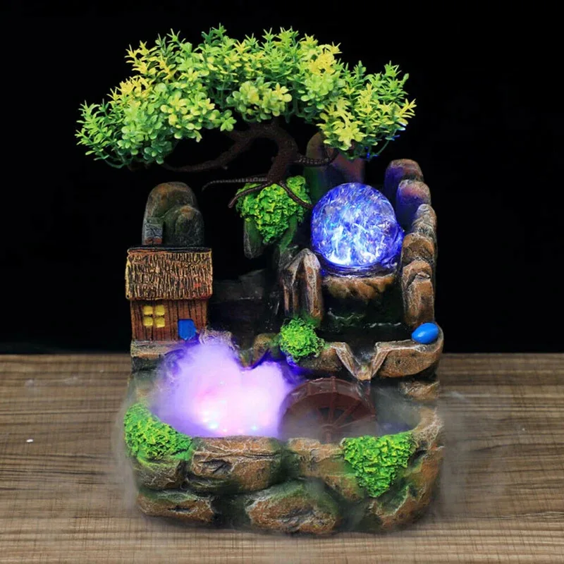 

Table Waterfall Rock Room With Atomizer&LED Ball Garden Fountain RGB LED Lighting Green Plant