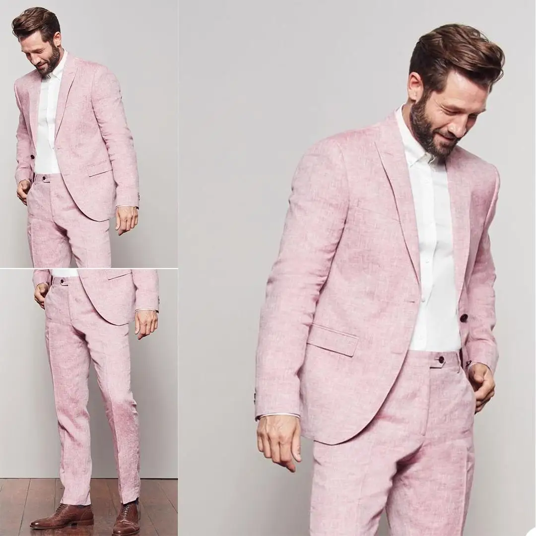 

Summer Linen Pink Wedding Suits for Men Slim Fit Formal Dinner Party Luxury Elegant Dress Custome Large Size Tuxedo 2 Pieces Set