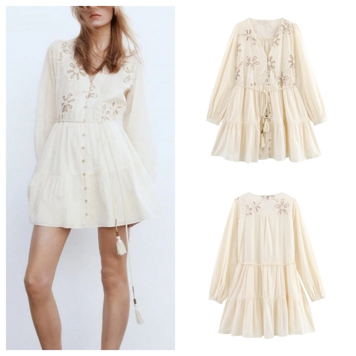 

European and American style spring new fashion all-match flower embroidery V-neck long-sleeved dress